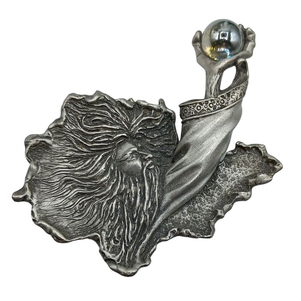 JJ Wizard Brooch Crystal‎ Ball Pewter Jonette Pin Signed Jewelry Vintage